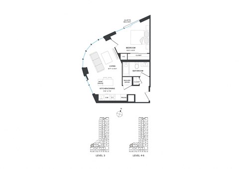 Floor plan for 1 bed, 1 bath, 576 sqft